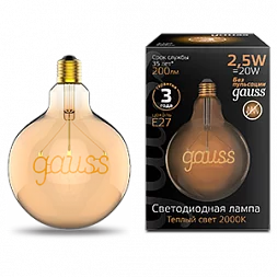 Лампа Gauss Filament G125 2,5W 200lm 2000К Е27 golden GAUSS LED 1/20