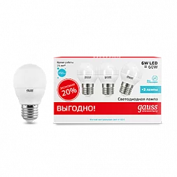 Лампа Gauss Elementary Шар 6W 4100K E27 (3 лампы в упаковке) LED 1/40